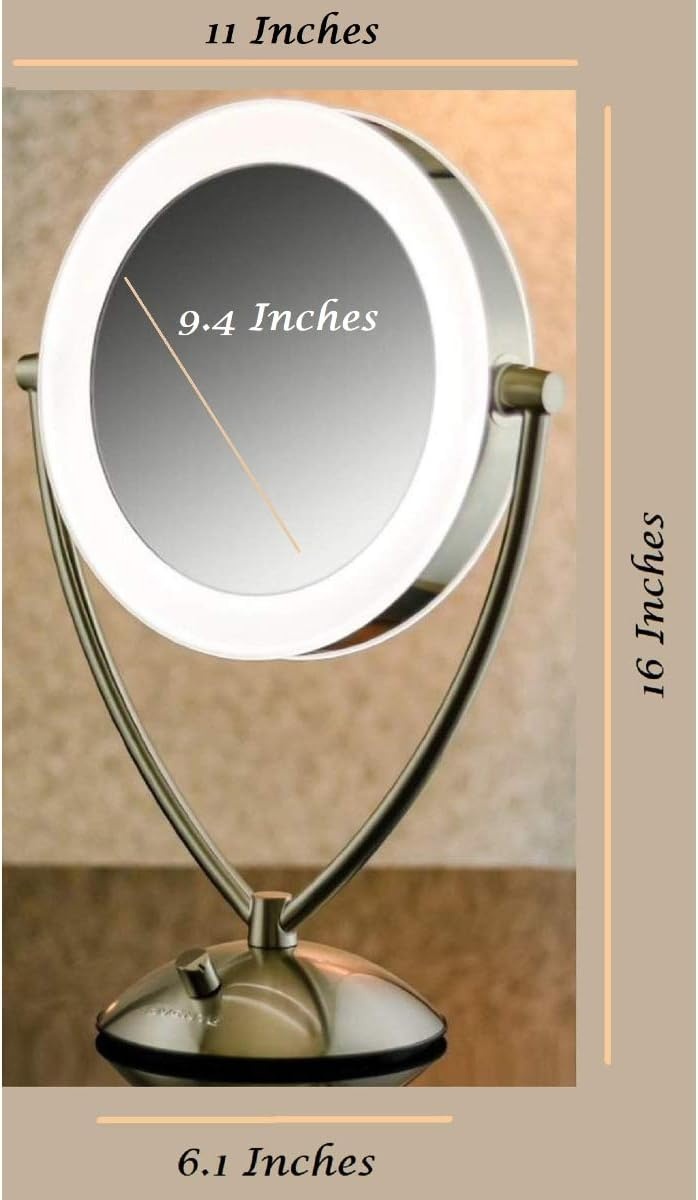 image:imageOVENTE 95 Lighted Tabletop Makeup Mirror 1X amp 10X Magnifier Adjustable Double Sided Round LED Dimmer Switch Battery amp USB Powered Ideal for Bedroom amp Vanity Nickel Brushed MLT45BR1X10XNickel Brushed