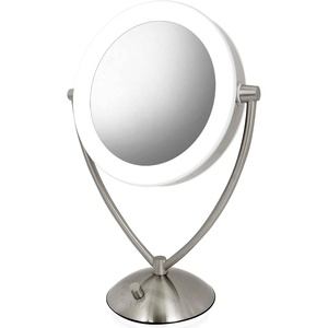 OVENTE 9.5″ Lighted Tabletop Makeup Mirror, 1X & 10X Magnifier, Adjustable Double Sided Round LED, Dimmer Switch, Battery & USB Powered, Ideal for Bedroom & Vanity, Nickel Brushed MLT45BR1X10X(Nickel Brushed)