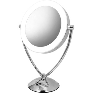 OVENTE 9.5″ Lighted Tabletop Makeup Mirror, 1X & 10X Magnifier, Adjustable Double Sided Round LED, Dimmer Switch, Battery & USB Powered, Ideal for Bedroom & Vanity, Nickel Brushed MLT45BR1X10X(Polished Chrome)