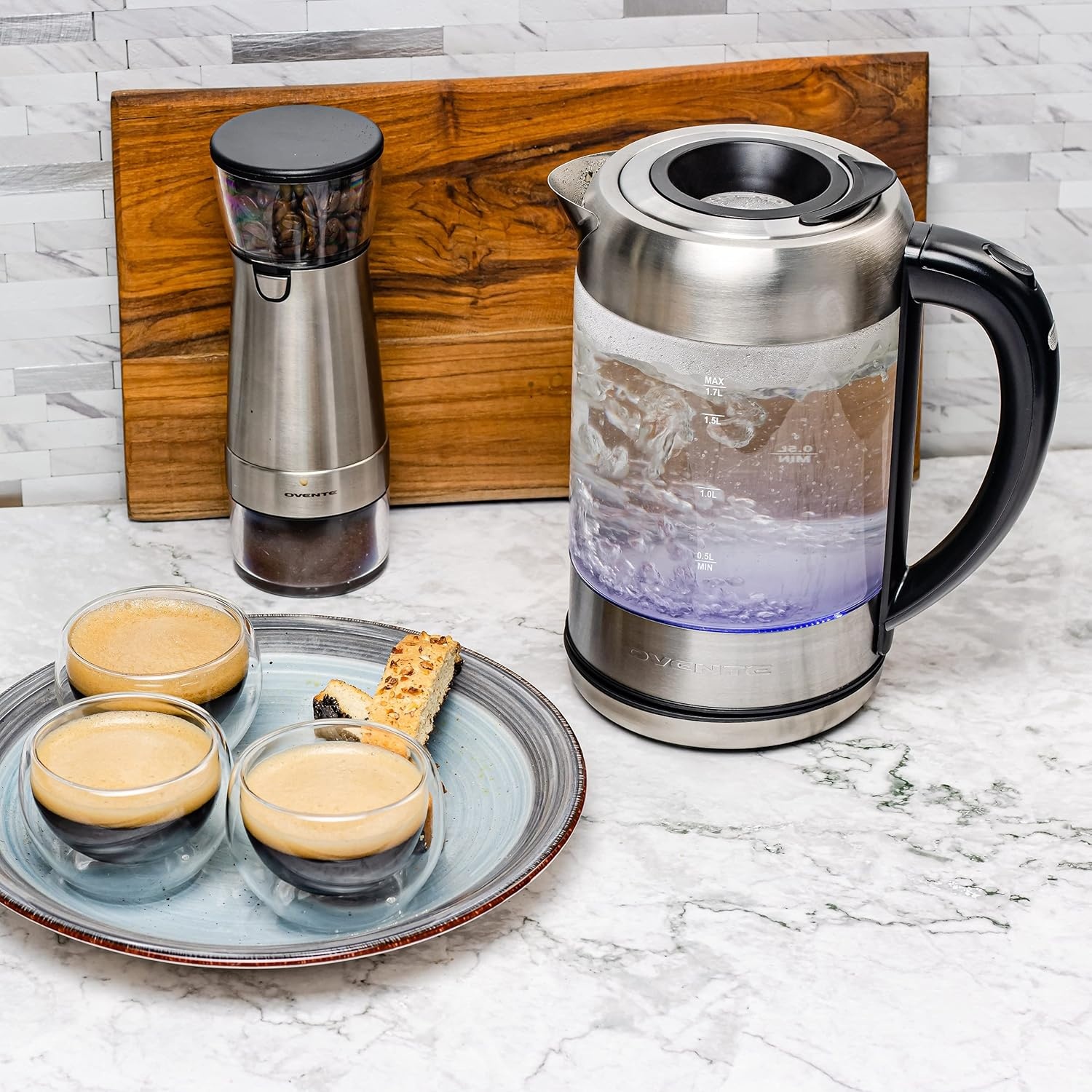 image:imageOVENTE 17L Electric Kettle and Tea Maker Pot Combo 1500W BPA Free Water Boiler Heater with Easy to Fill Lid 27oz Borosilicate Glass Teapot Removable Stainless Steel Infuser Silver KG612S FGK27B