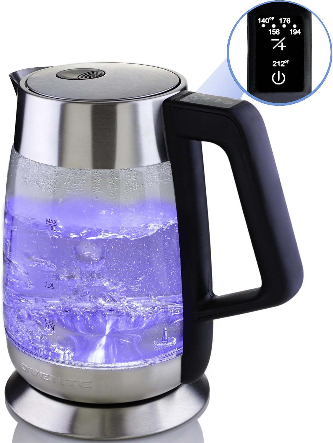 image:imageOvente Electric Hot Water Glass Kettle 18 Liter with 5 Heat Settings and LED Lights 1100 Watts Fast Heating and Keep Warm Function Perfect for Coffee Tea or Boiling Water Silver KG660S