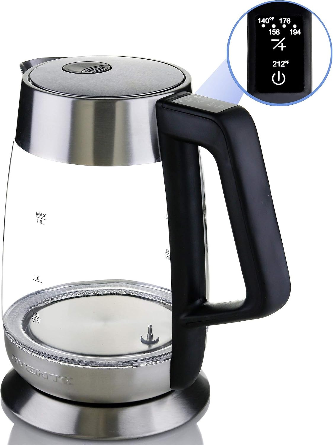 image:imageOvente Electric Hot Water Glass Kettle 18 Liter with 5 Heat Settings and LED Lights 1100 Watts Fast Heating and Keep Warm Function Perfect for Coffee Tea or Boiling Water Silver KG660S