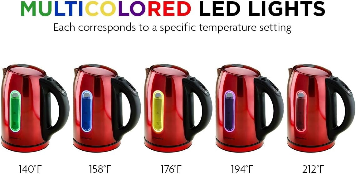 image:imageOvente Electric Stainless Steel Hot Water Kettle 17 Liter with 5 Temperature Control amp Concealed Heating Element BPAFree 1100 Watt Tea Maker with Auto ShutOff and Keep Warm Setting Red KS89R