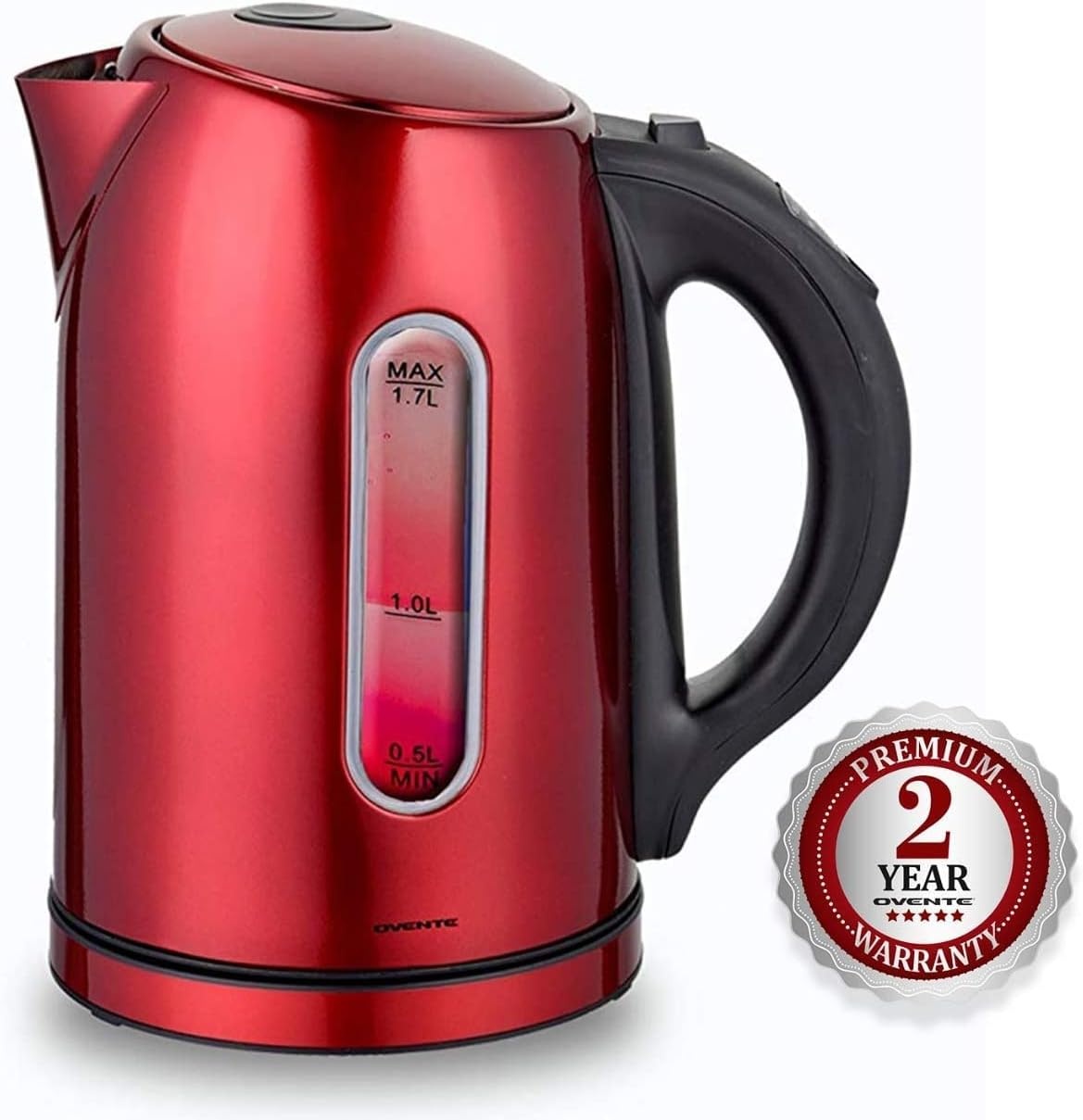 image:imageOvente Electric Stainless Steel Hot Water Kettle 17 Liter with 5 Temperature Control amp Concealed Heating Element BPAFree 1100 Watt Tea Maker with Auto ShutOff and Keep Warm Setting Red KS89R