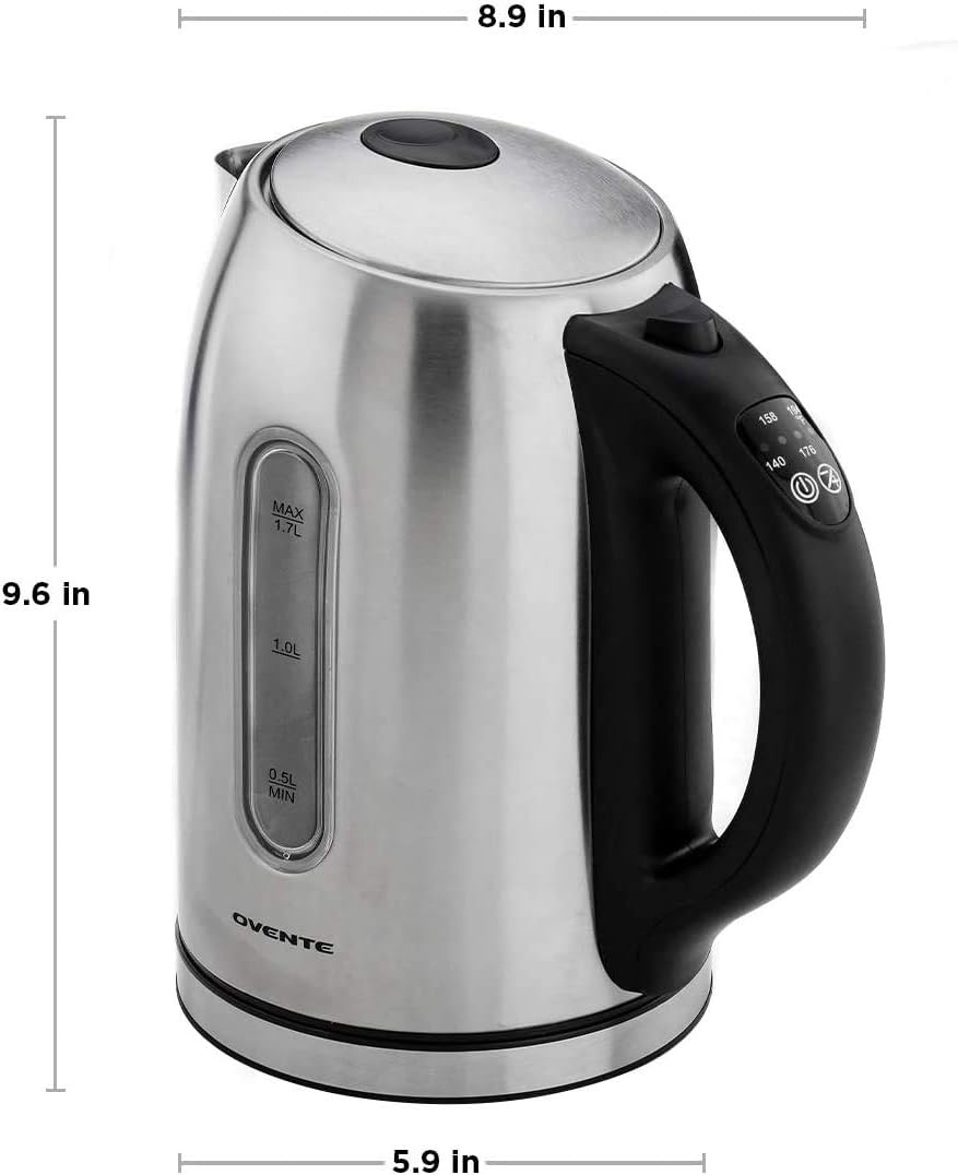 image:imageOvente Electric Stainless Steel Hot Water Kettle 17 Liter with 5 Temperature Control amp Concealed Heating Element BPAFree 1100 Watt Tea Maker with Auto ShutOff and Keep Warm Setting Silver KS89S