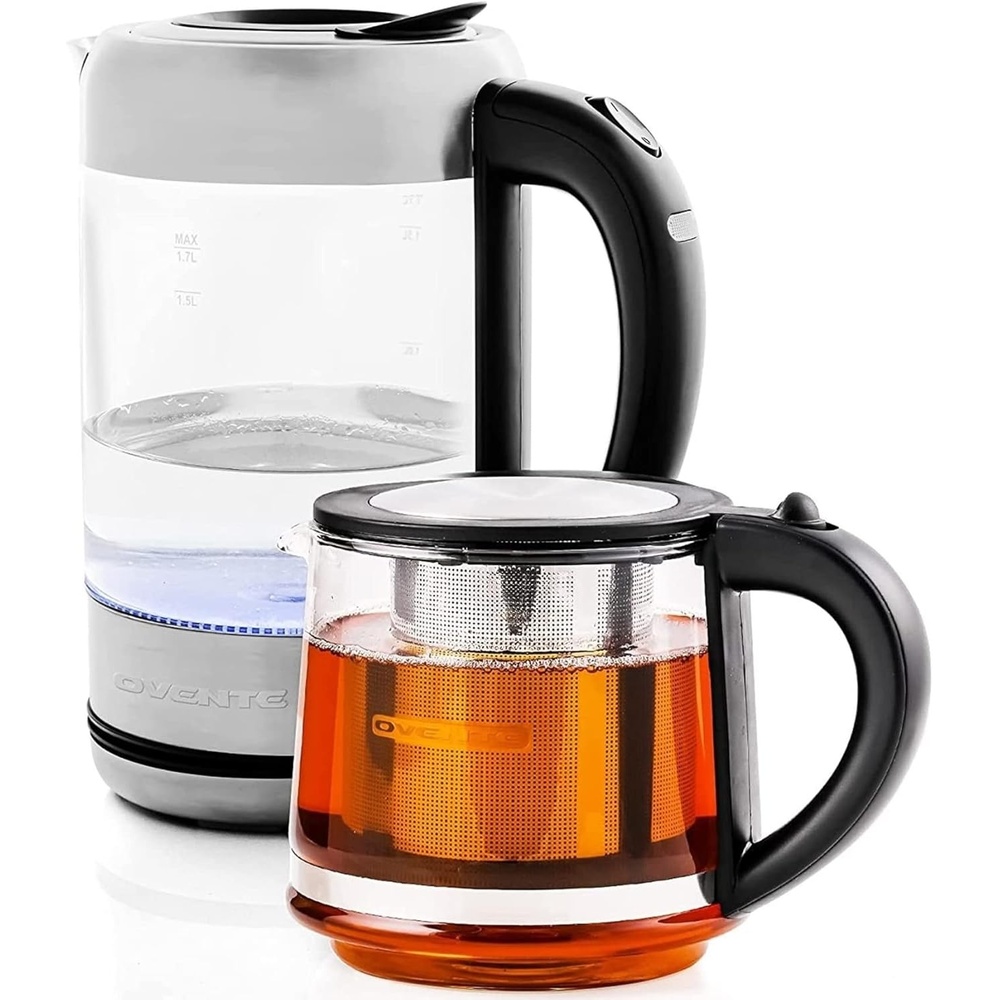 image:imageOVENTE 17L Electric Kettle and Tea Maker Pot Combo 1500W BPA Free Water Boiler Heater with Easy to Fill Lid 27oz Borosilicate Glass Teapot Removable Stainless Steel Infuser Silver KG612S FGK27B
