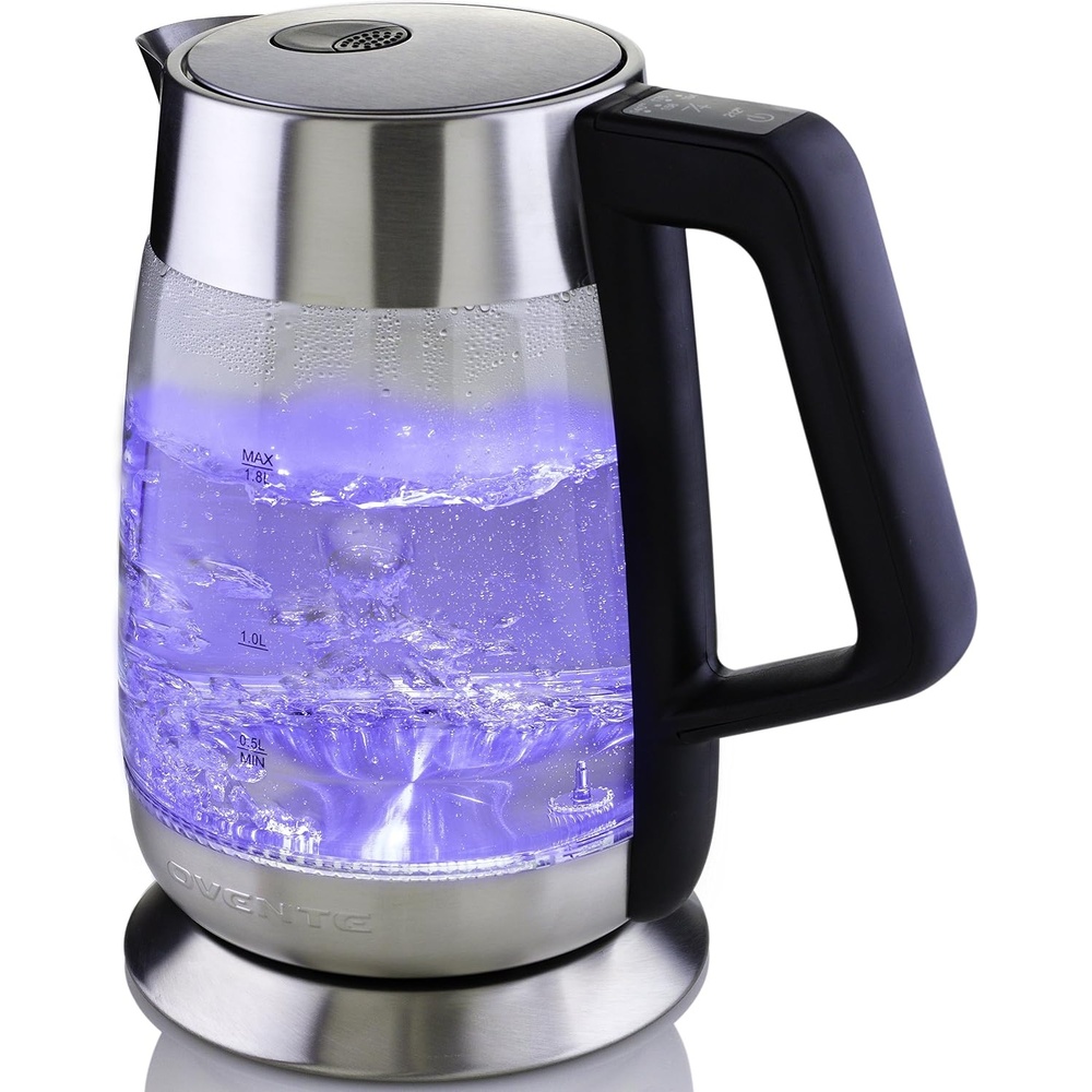 image:imageOvente Electric Hot Water Glass Kettle 18 Liter with 5 Heat Settings and LED Lights 1100 Watts Fast Heating and Keep Warm Function Perfect for Coffee Tea or Boiling Water Silver KG660S