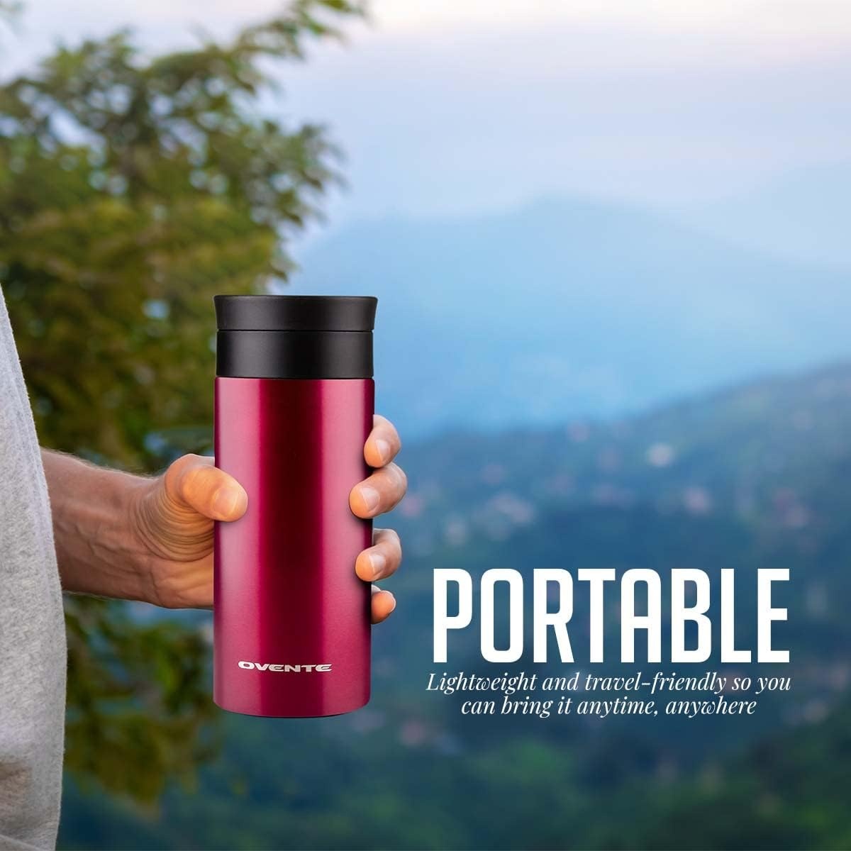 image:imageOvente Stainless Steel Vacuum Insulated Coffee Water Mug 12 oz Portable Double Wall Handheld Tumbler with Tea Infuser BPAFree Spill Proof Travel Friendly for Hot Cold Beverage Red MSA12R