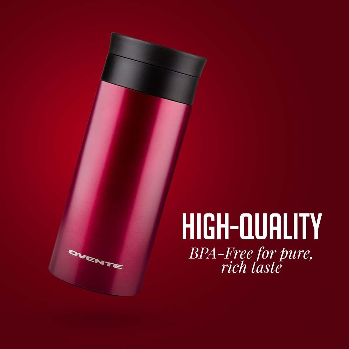 image:imageOvente Stainless Steel Vacuum Insulated Coffee Water Mug 12 oz Portable Double Wall Handheld Tumbler with Tea Infuser BPAFree Spill Proof Travel Friendly for Hot Cold Beverage Red MSA12R