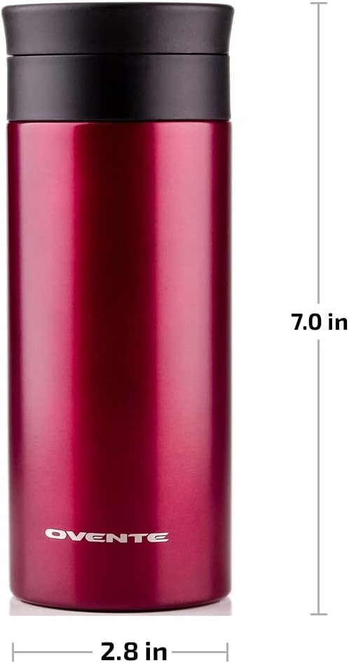 image:imageOvente Stainless Steel Vacuum Insulated Coffee Water Mug 12 oz Portable Double Wall Handheld Tumbler with Tea Infuser BPAFree Spill Proof Travel Friendly for Hot Cold Beverage Red MSA12R